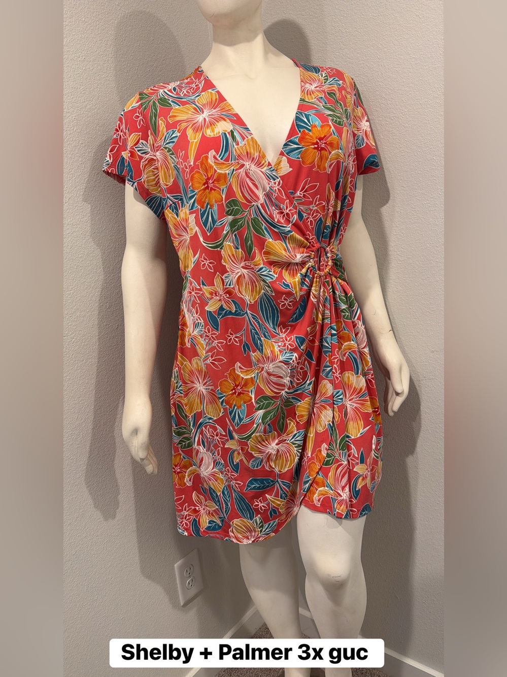 Shelby + Palmer Tropical Floral Faux Wrap Dress in Coral 3x